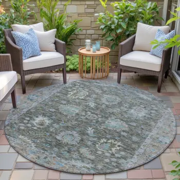 8' Fern Green And Denim Blue Round Floral Washable Indoor Outdoor Area Rug
