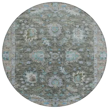 8' Fern Green And Denim Blue Round Floral Washable Indoor Outdoor Area Rug