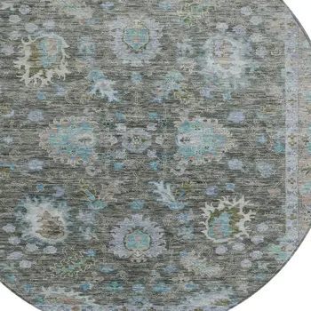 8' Fern Green And Denim Blue Round Floral Washable Indoor Outdoor Area Rug