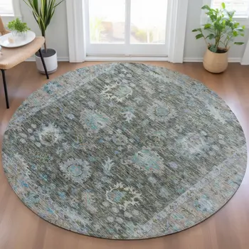 8' Fern Green And Denim Blue Round Floral Washable Indoor Outdoor Area Rug
