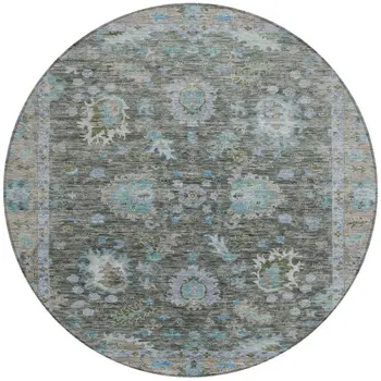 8' Fern Green And Denim Blue Round Floral Washable Indoor Outdoor Area Rug