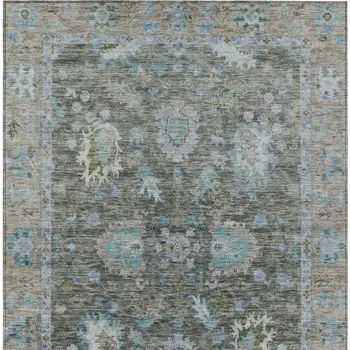 9' X 12' Fern Green And Denim Blue Floral Washable Indoor Outdoor Area Rug