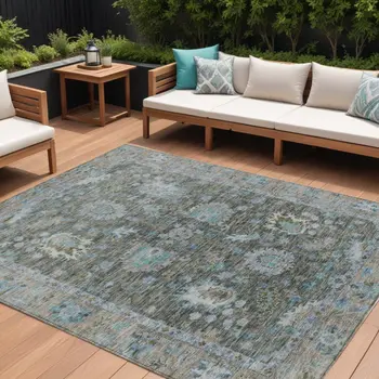 9' X 12' Fern Green And Denim Blue Floral Washable Indoor Outdoor Area Rug