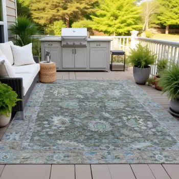 9' X 12' Fern Green And Denim Blue Floral Washable Indoor Outdoor Area Rug