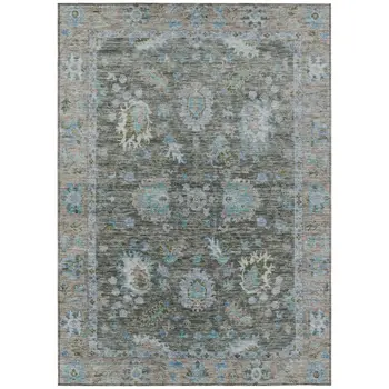 9' X 12' Fern Green And Denim Blue Floral Washable Indoor Outdoor Area Rug