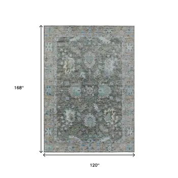 10' X 14' Fern Green And Denim Blue Floral Washable Indoor Outdoor Area Rug