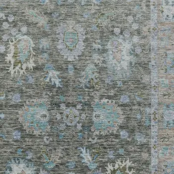 10' X 14' Fern Green And Denim Blue Floral Washable Indoor Outdoor Area Rug