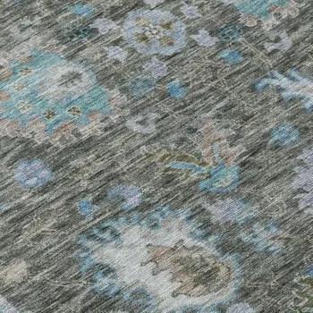 10' X 14' Fern Green And Denim Blue Floral Washable Indoor Outdoor Area Rug