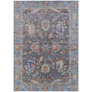 3' X 5' Gray And Denim Blue Floral Washable Indoor Outdoor Area Rug