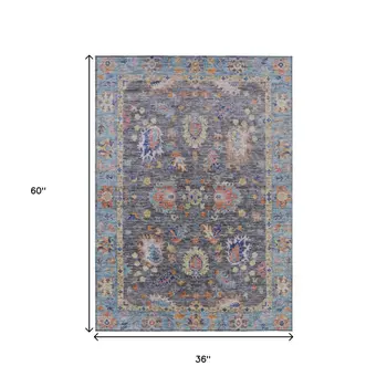 3' X 5' Gray And Denim Blue Floral Washable Indoor Outdoor Area Rug