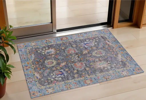 3' X 5' Gray And Denim Blue Floral Washable Indoor Outdoor Area Rug