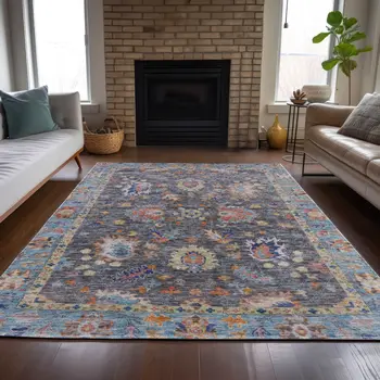 3' X 5' Gray And Denim Blue Floral Washable Indoor Outdoor Area Rug