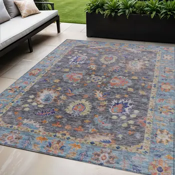 5' X 8' Gray And Denim Blue Floral Washable Indoor Outdoor Area Rug