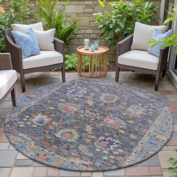 8' Gray And Denim Blue Round Floral Washable Indoor Outdoor Area Rug