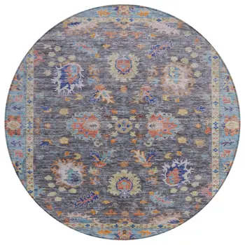 8' Gray And Denim Blue Round Floral Washable Indoor Outdoor Area Rug
