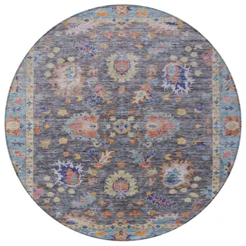 8' Gray And Denim Blue Round Floral Washable Indoor Outdoor Area Rug