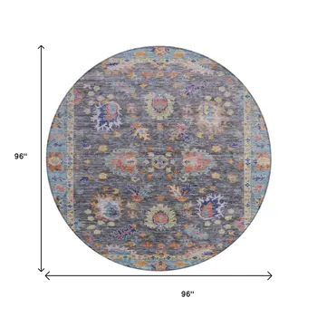 8' Gray And Denim Blue Round Floral Washable Indoor Outdoor Area Rug