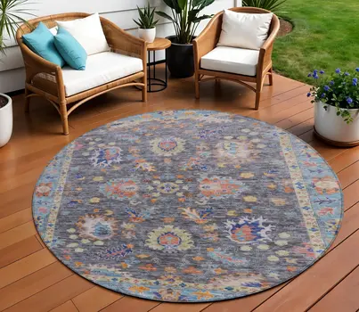 8' Gray And Denim Blue Round Floral Washable Indoor Outdoor Area Rug