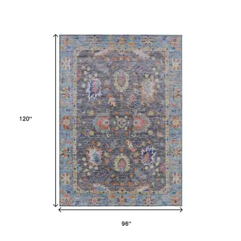 8' X 10' Gray And Denim Blue Floral Washable Indoor Outdoor Area Rug