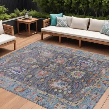 8' X 10' Gray And Denim Blue Floral Washable Indoor Outdoor Area Rug