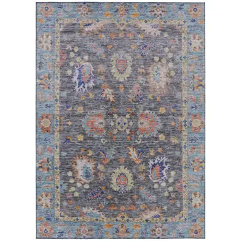 8' X 10' Gray And Denim Blue Floral Washable Indoor Outdoor Area Rug
