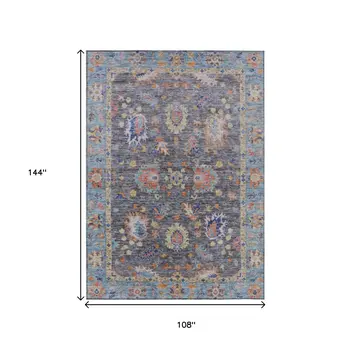 9' X 12' Gray And Denim Blue Floral Washable Indoor Outdoor Area Rug