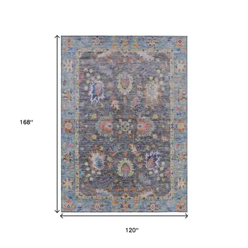 10' X 14' Gray And Denim Blue Floral Washable Indoor Outdoor Area Rug