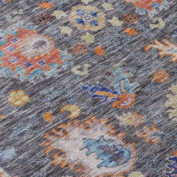10' X 14' Gray And Denim Blue Floral Washable Indoor Outdoor Area Rug