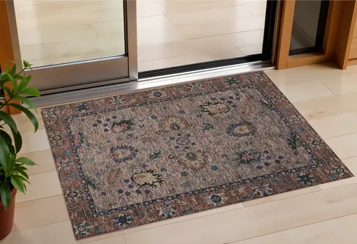 3' X 5' Brown And Beige Floral Washable Indoor Outdoor Area Rug
