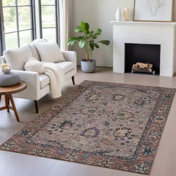 3' X 5' Brown And Beige Floral Washable Indoor Outdoor Area Rug