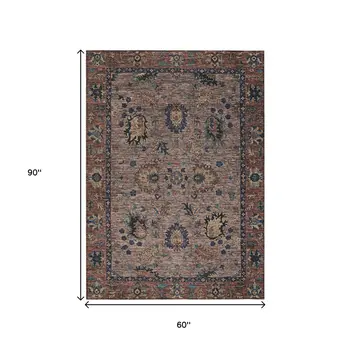 5' X 8' Brown And Beige Floral Washable Indoor Outdoor Area Rug