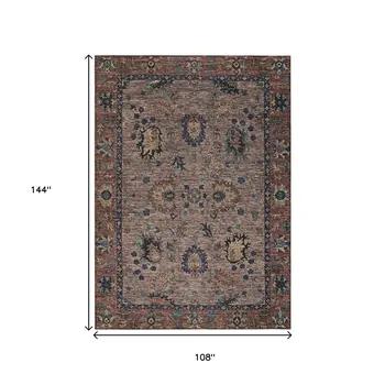 9' X 12' Brown And Beige Floral Washable Indoor Outdoor Area Rug