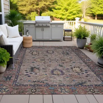 9' X 12' Brown And Beige Floral Washable Indoor Outdoor Area Rug