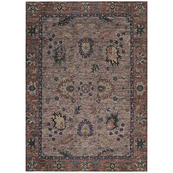10' X 14' Brown And Beige Floral Washable Indoor Outdoor Area Rug