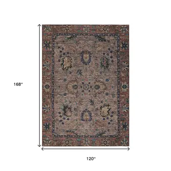10' X 14' Brown And Beige Floral Washable Indoor Outdoor Area Rug