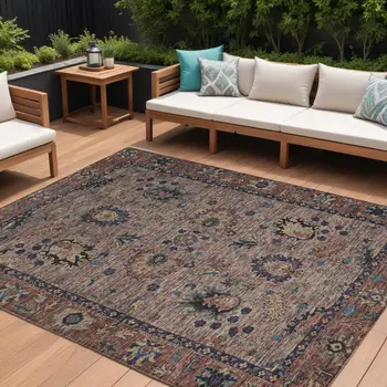10' X 14' Brown And Beige Floral Washable Indoor Outdoor Area Rug