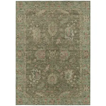 3' X 5' Olive Green And Rust Floral Washable Indoor Outdoor Area Rug
