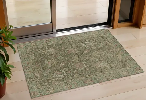 3' X 5' Olive Green And Rust Floral Washable Indoor Outdoor Area Rug