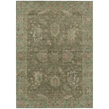 3' X 5' Olive Green And Rust Floral Washable Indoor Outdoor Area Rug