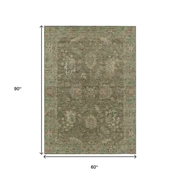 5' X 8' Olive Green And Rust Floral Washable Indoor Outdoor Area Rug