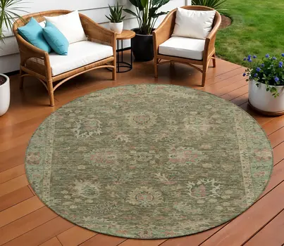 8' Olive Green And Rust Round Floral Washable Indoor Outdoor Area Rug
