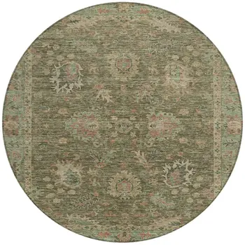 8' Olive Green And Rust Round Floral Washable Indoor Outdoor Area Rug