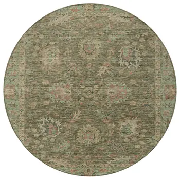 8' Olive Green And Rust Round Floral Washable Indoor Outdoor Area Rug
