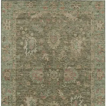 8' X 10' Olive Green And Rust Floral Washable Indoor Outdoor Area Rug