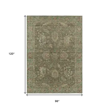 8' X 10' Olive Green And Rust Floral Washable Indoor Outdoor Area Rug
