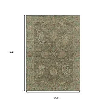 9' X 12' Olive Green And Rust Floral Washable Indoor Outdoor Area Rug