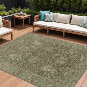 9' X 12' Olive Green And Rust Floral Washable Indoor Outdoor Area Rug