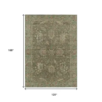 10' X 14' Olive Green And Rust Floral Washable Indoor Outdoor Area Rug