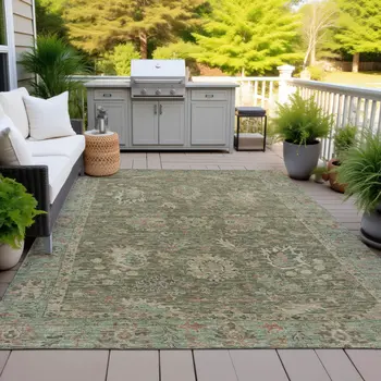 10' X 14' Olive Green And Rust Floral Washable Indoor Outdoor Area Rug