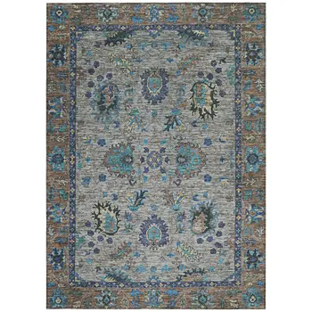 3' X 5' Pewter And Teal Blue Floral Washable Indoor Outdoor Area Rug